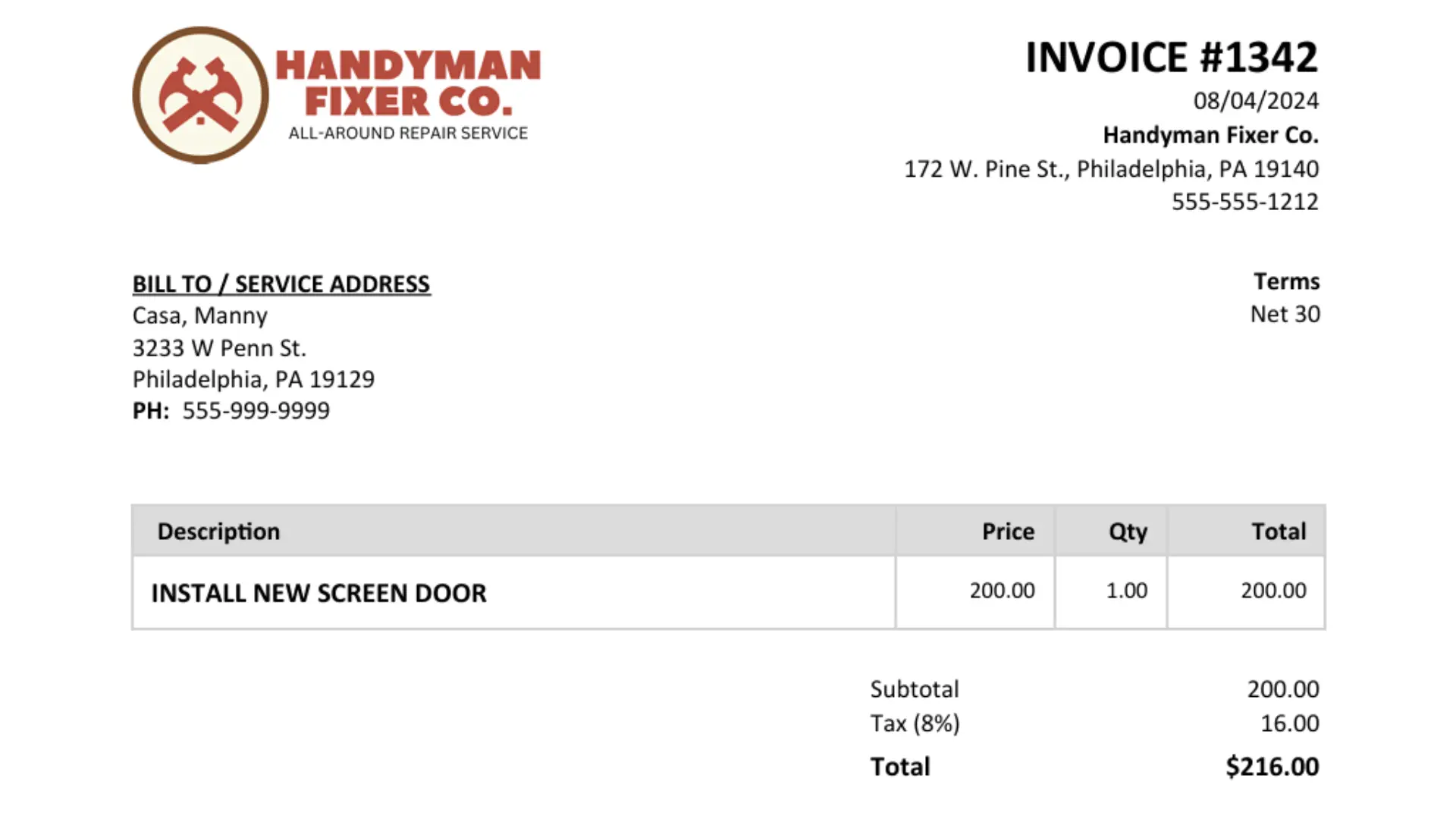 example Handyman invoice