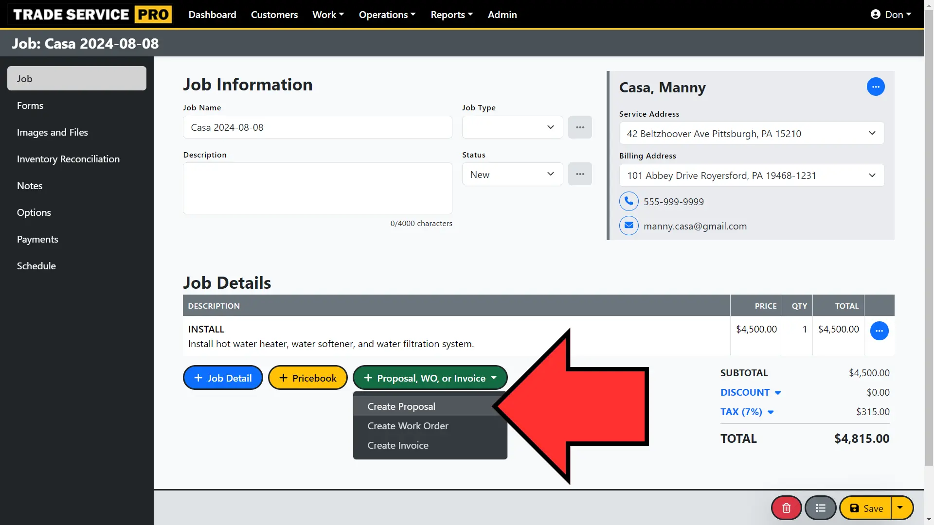 Trade Service Pro job editor create proposal button