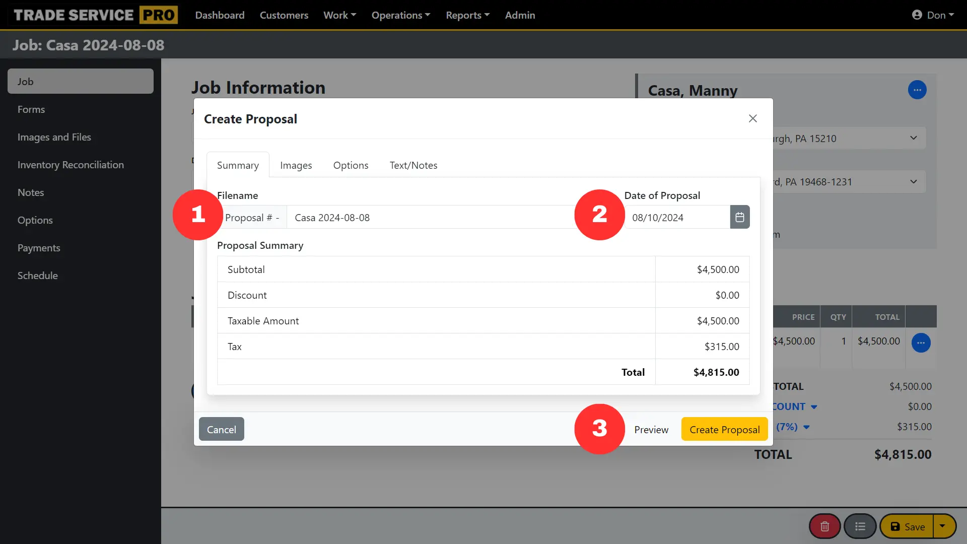 Trade Service Pro job editor create proposal dialog 1
