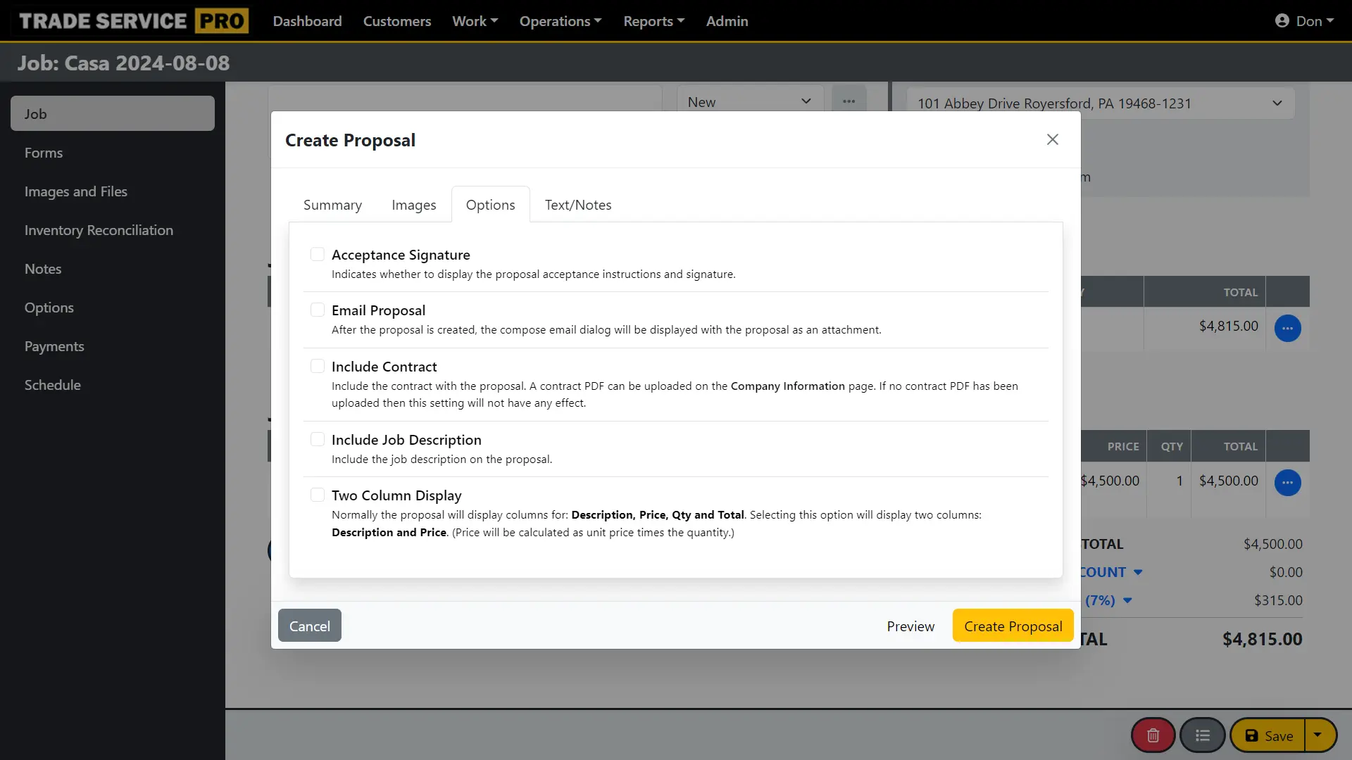 Trade Service Pro job editor create proposal dialog 3