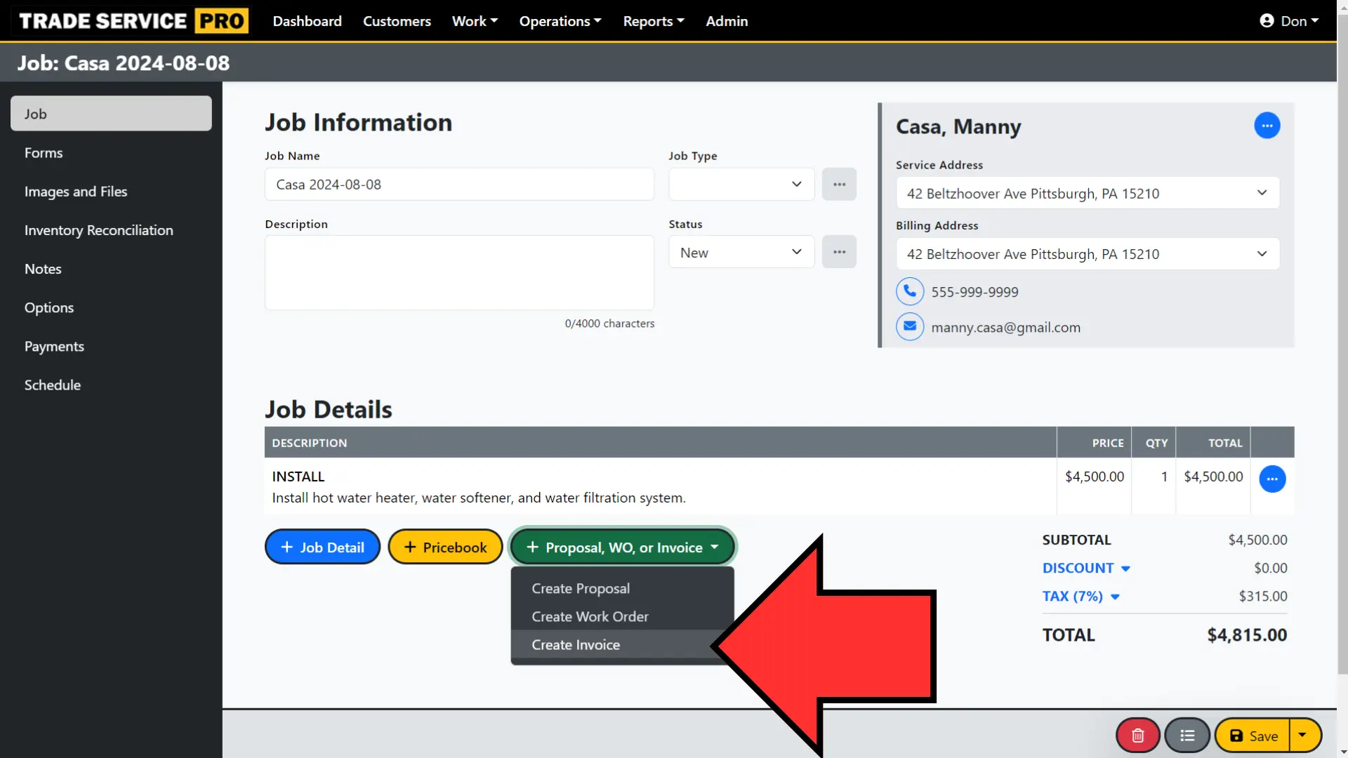 Trade Service Pro job editor create invoice button