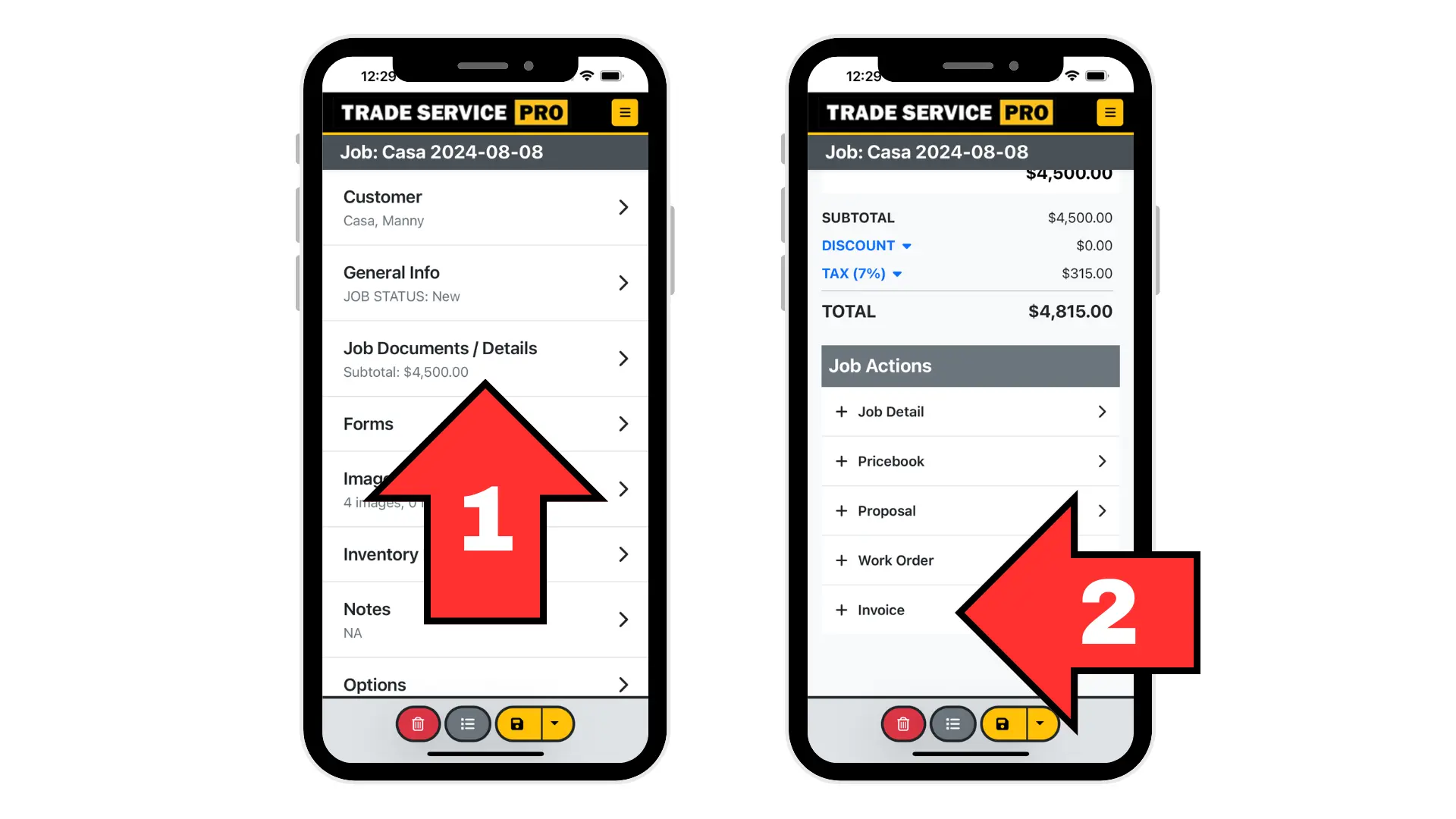 Trade Service Pro mobile screenshots for creating an invoice