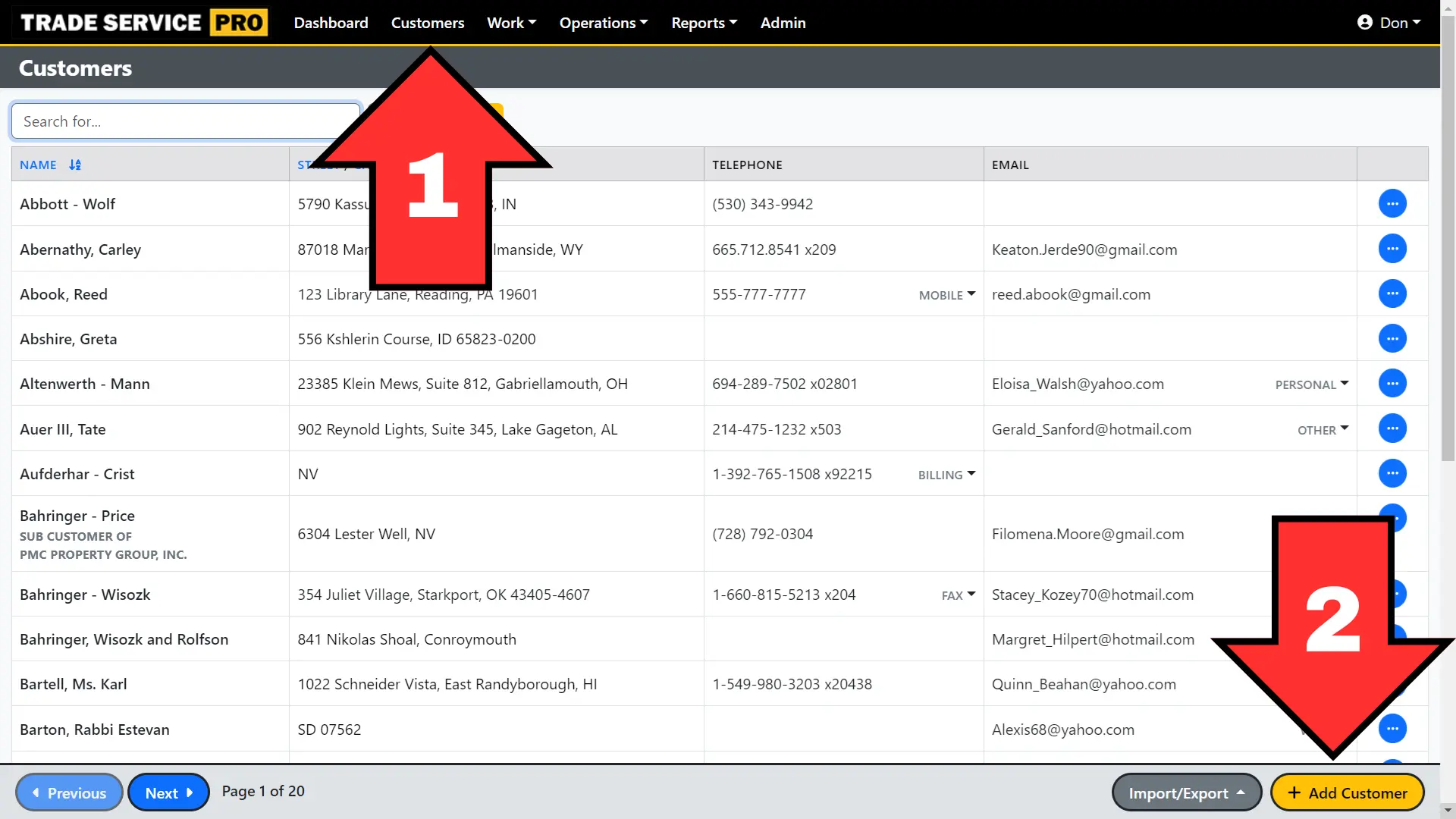 screenshot of Trade Service Pro customer list