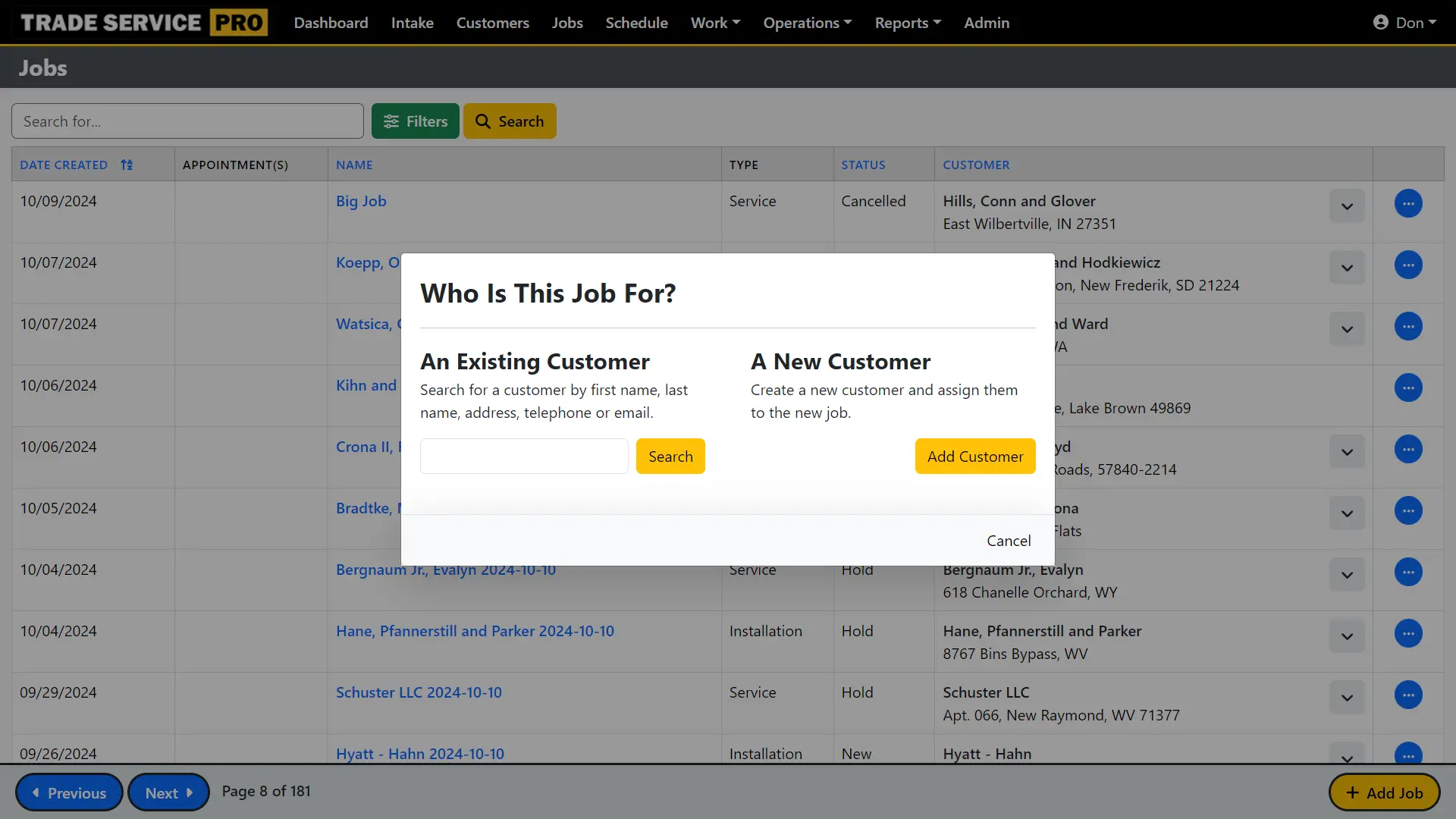 create job workflow step one, select or create a customer