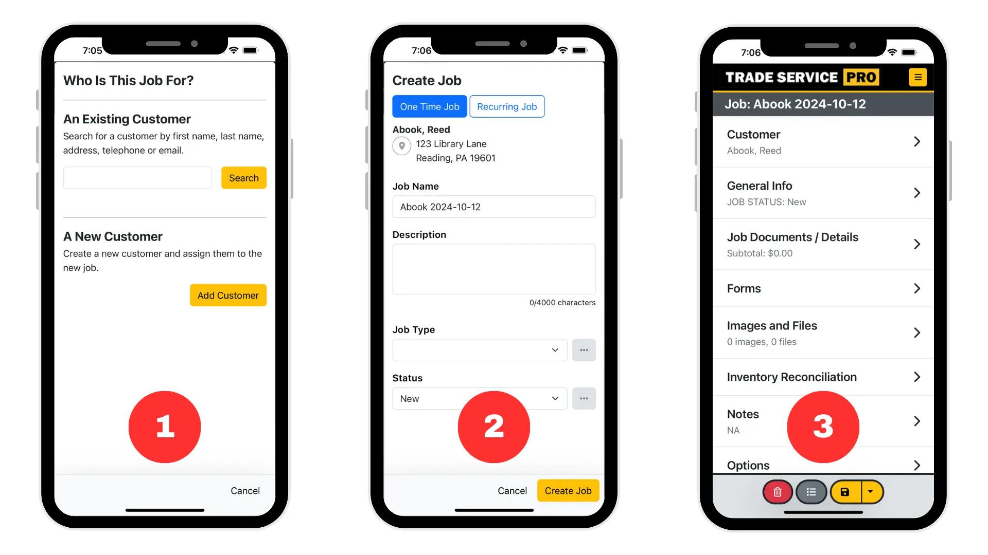 Trade Service Pro mobile screenshots for creating a job