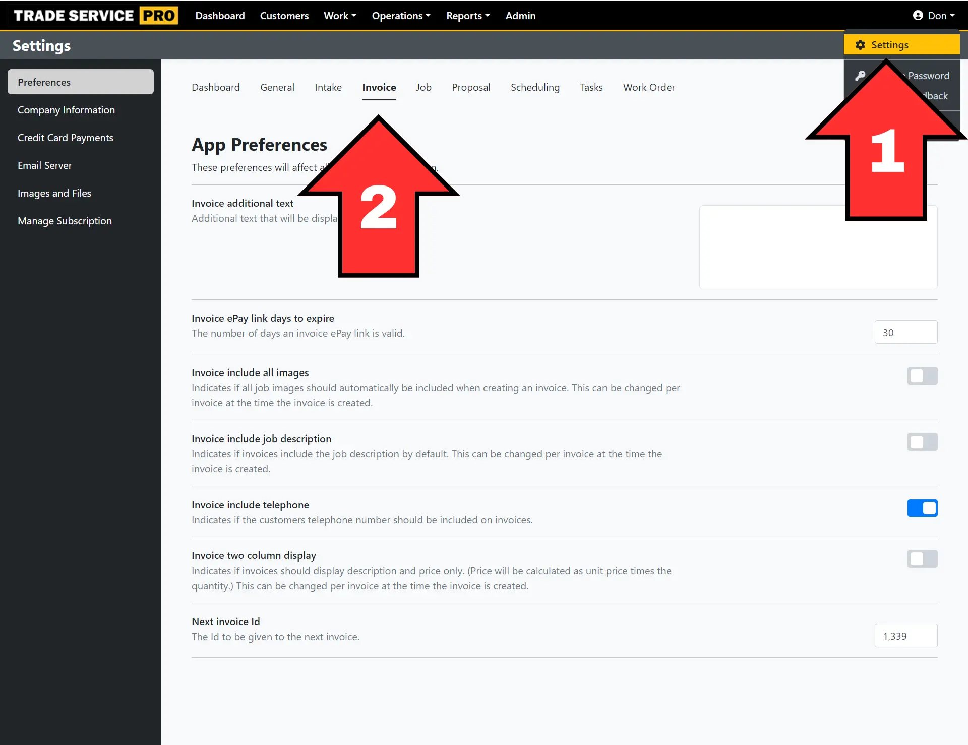 Trade Service Pro invoice options