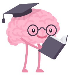 brain wearing glasses and a college graduation hat, reading a book