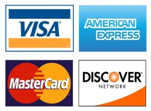 Visa, Mastercard, American Express, and Discover credit card logos