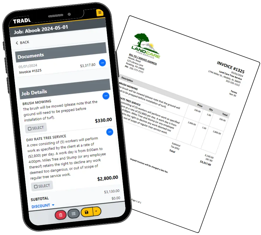 mobile phone demonstrating Trade Service Pro invoicing