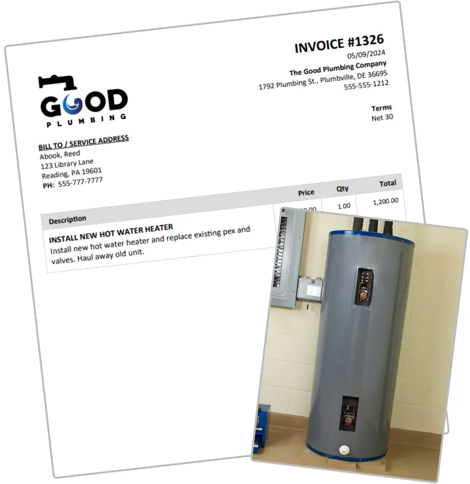 example plumbing invoice with a photo of a hot water heater