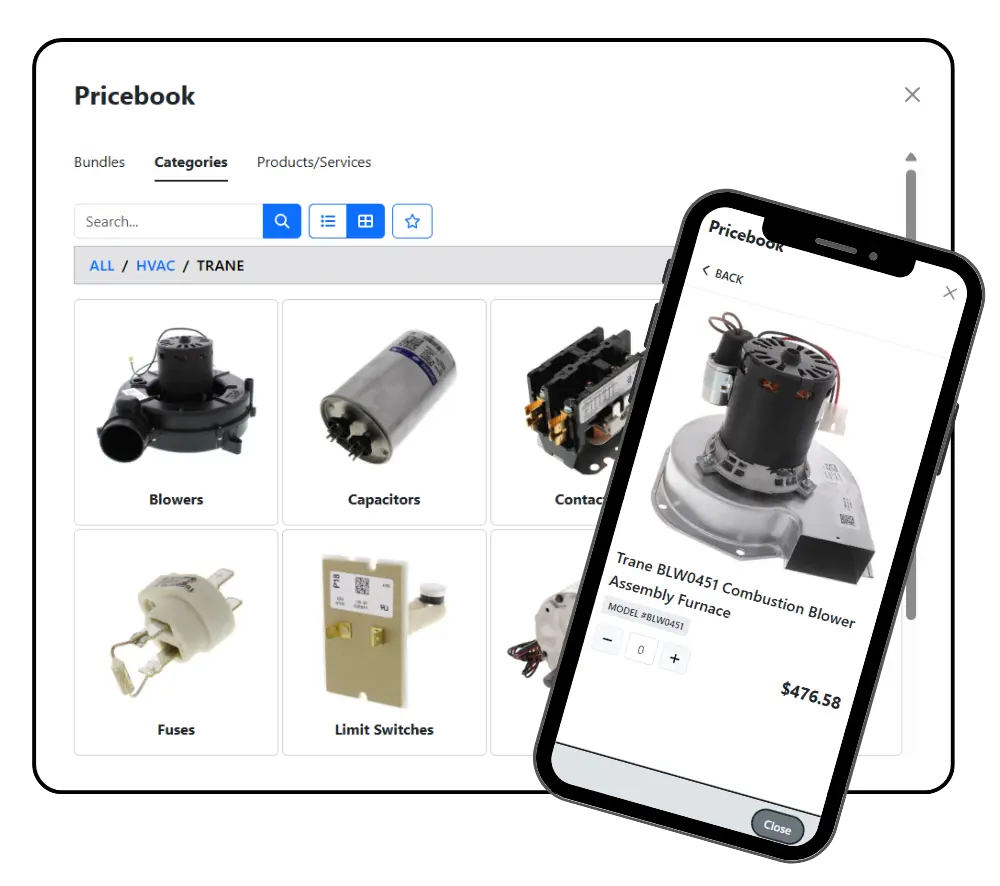 screen shot of pricebook with hvac categories and a pricebook item view on a mobile phone