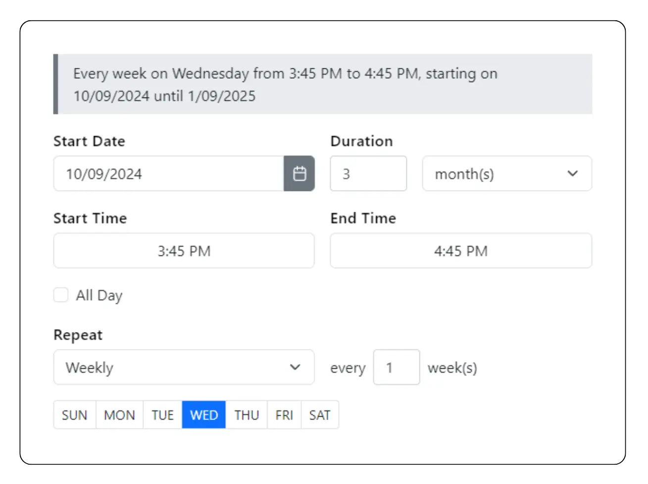 screenshot of recurring job scheduling options