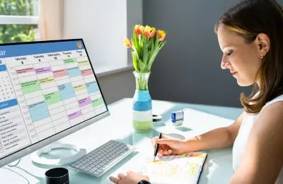 woman at desk using computer to schedule appointments